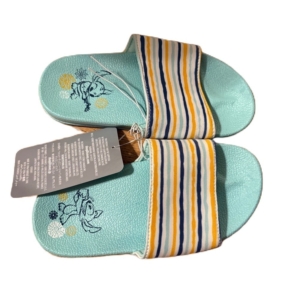 Disney Stitch Sandals NEW 9/10 Aqua Blue Striped Slides Yellow Kids Shoes